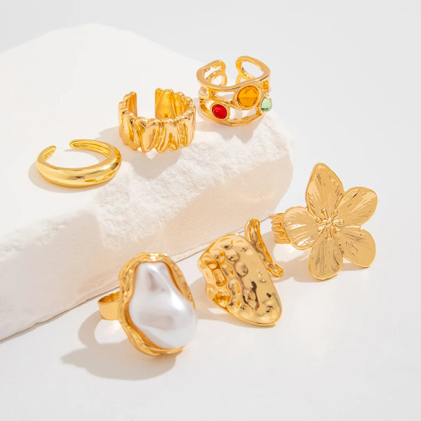 2025 New Irregular Exaggerated Metal Flower Open Rings Women Elegant  Imitation Pearl Ring Jewelry Accessories