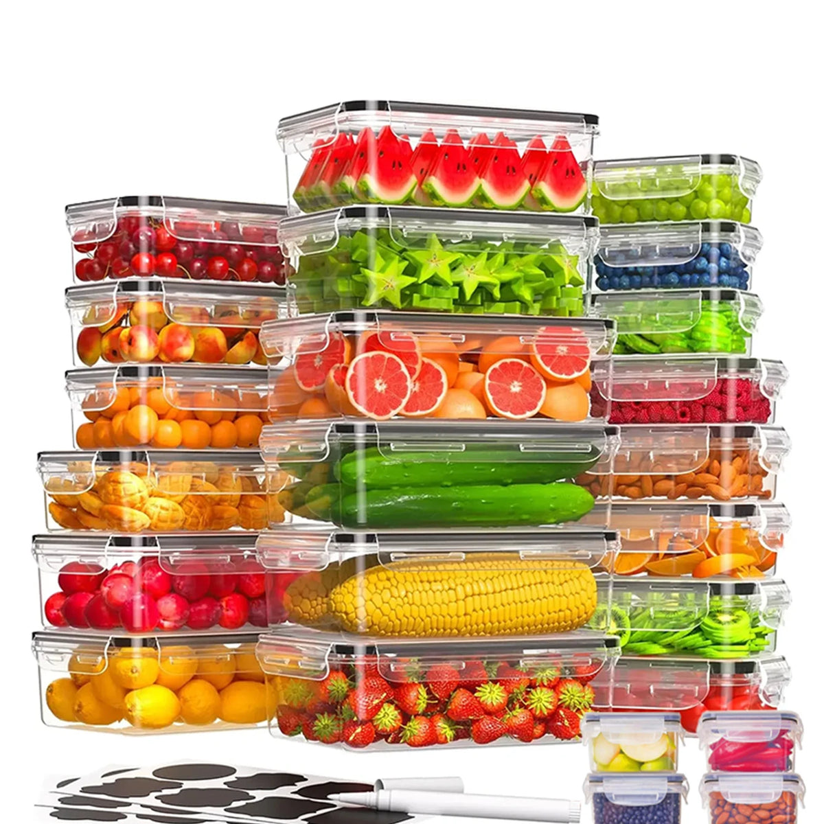 24 Pcs Food Storage Containers Set for Fruits Vegetables Restaurant Kitchen Includes Storage Labels And Pens