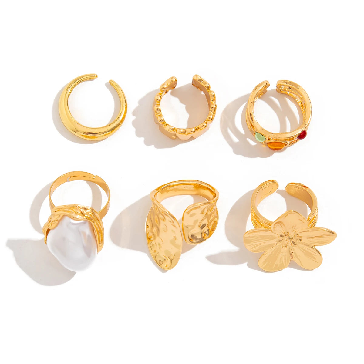 2025 New Irregular Exaggerated Metal Flower Open Rings Women Elegant  Imitation Pearl Ring Jewelry Accessories