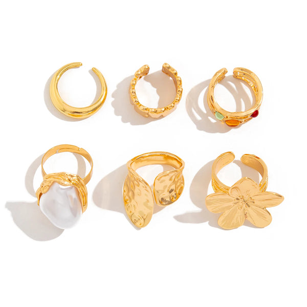 2025 New Irregular Exaggerated Metal Flower Open Rings Women Elegant  Imitation Pearl Ring Jewelry Accessories