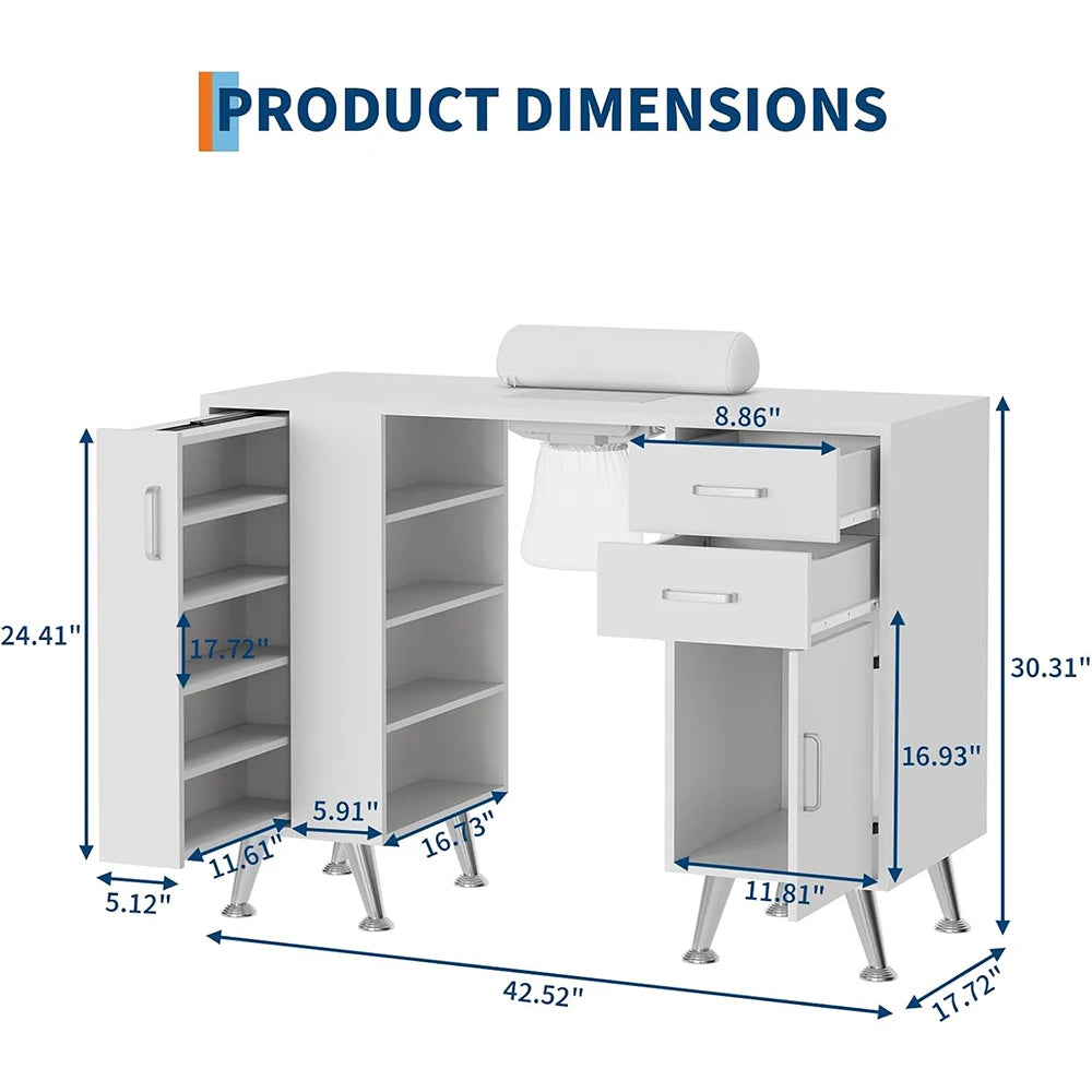 Nail Table Workstation for Beauty Salon Manicure Table Nail Desk with Vertical Locker Storage Cabinet 4-Tiers Open Shelves