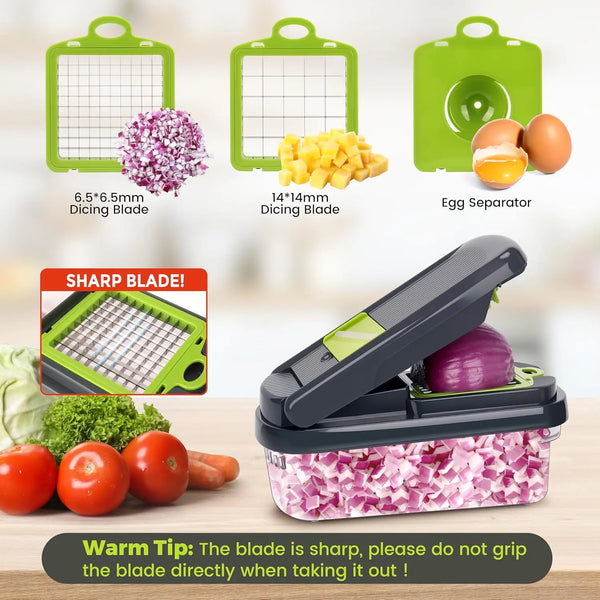 12-in-1 Vegetable Chopper Pro - Multifunctional Kitchen Gadget with 7 Blades & Container for Onion, Potato, Carrot, Garlic