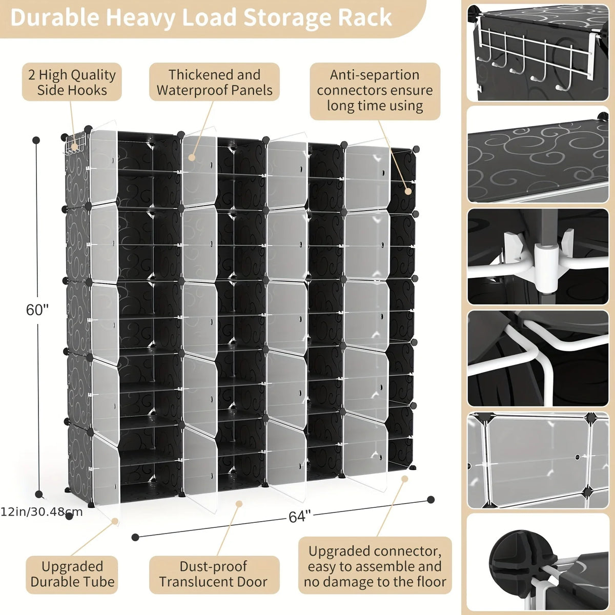 Space-saving Tower Shoe Rack | 12-tier 36-grid Organizer for Shoes | Black Portable Storage