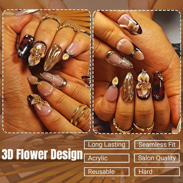 Handmade Acrylic Press On Nails Almond Shape in Medium Size with Brown and Amber Gold Chrome Accents 3D Flower Design French Ti