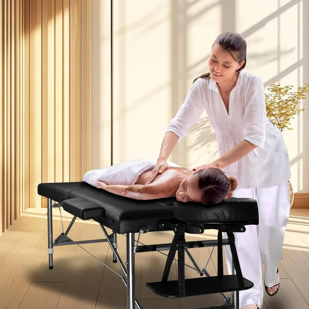 Massage Table Portable Adjustable 24" Wide Black Aluminum Folding Spa Bed, Ideal for Tattoo Chair, Lash Bed, and Esthetician