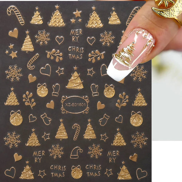 2pcs Gold 3D Christmas Nail Foil Stickers Sparkling Snowflake Christmas Tree Snow Globe Snowflake Nail Slider Xmas Nail Stickers