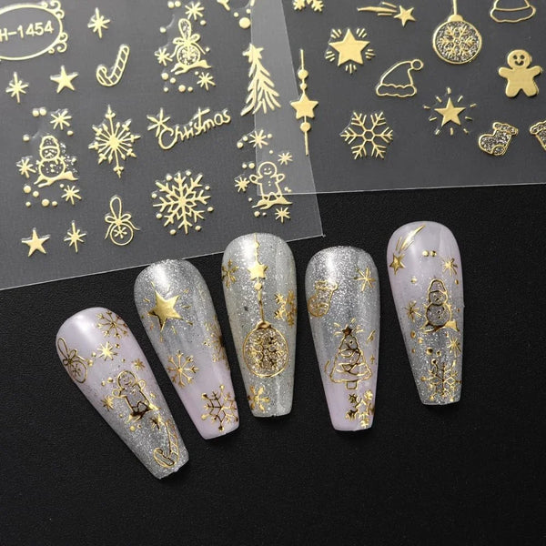 2pcs Gold 3D Christmas Nail Foil Stickers Sparkling Snowflake Christmas Tree Snow Globe Snowflake Nail Slider Xmas Nail Stickers