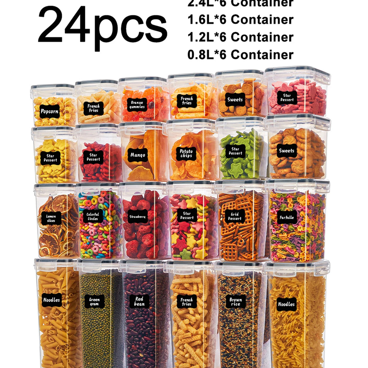 24pcs New Kitchen Sealed Storage Box Set Dry Food Storage For Sugar, Flour, Baking PP Material Comes with Convenience Stickers