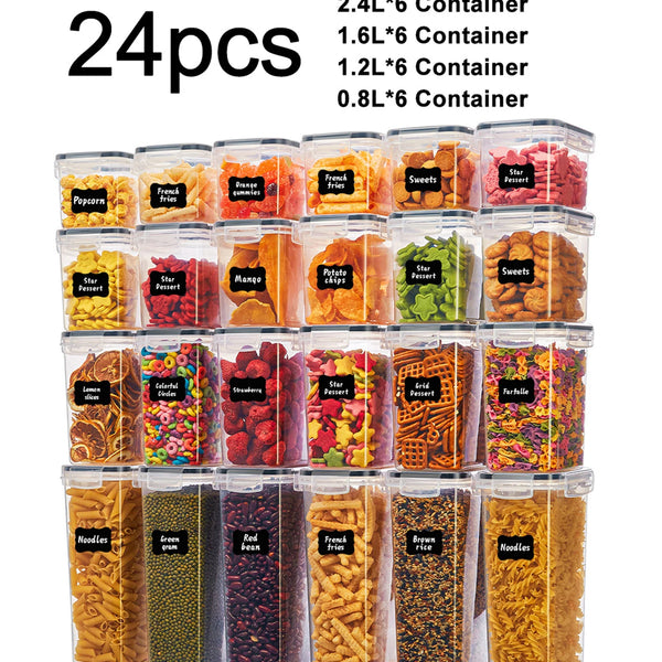 24pcs New Kitchen Sealed Storage Box Set Dry Food Storage For Sugar, Flour, Baking PP Material Comes with Convenience Stickers