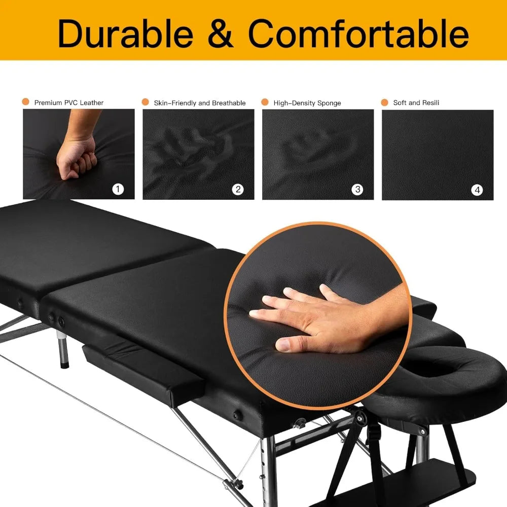 Massage Table Portable Adjustable 24" Wide Black Aluminum Folding Spa Bed, Ideal for Tattoo Chair, Lash Bed, and Esthetician