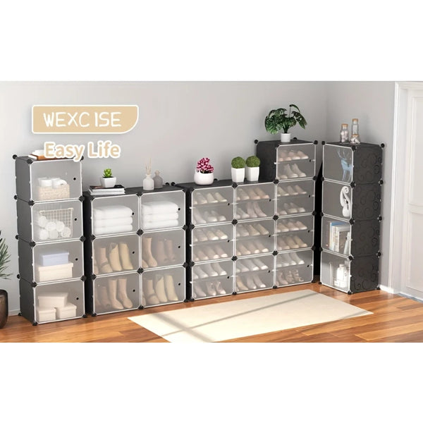 Space-saving Tower Shoe Rack | 12-tier 36-grid Organizer for Shoes | Black Portable Storage