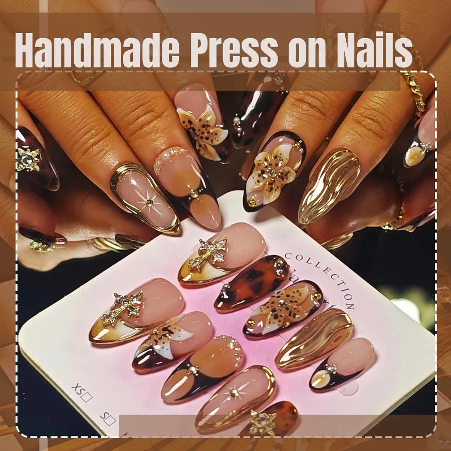 Handmade Acrylic Press On Nails Almond Shape in Medium Size with Brown and Amber Gold Chrome Accents 3D Flower Design French Ti