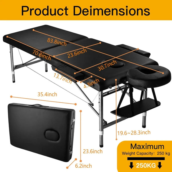Massage Table Portable Adjustable 24" Wide Black Aluminum Folding Spa Bed, Ideal for Tattoo Chair, Lash Bed, and Esthetician