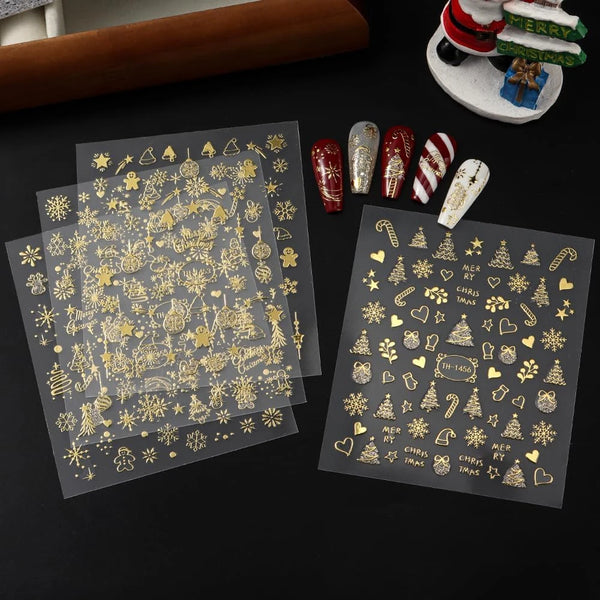 2pcs Gold 3D Christmas Nail Foil Stickers Sparkling Snowflake Christmas Tree Snow Globe Snowflake Nail Slider Xmas Nail Stickers