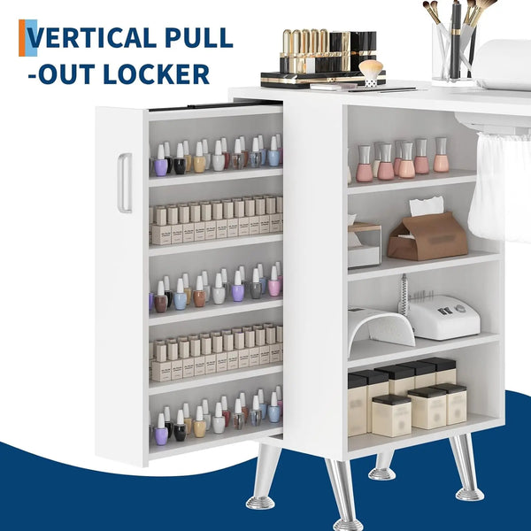 Nail Table Workstation for Beauty Salon Manicure Table Nail Desk with Vertical Locker Storage Cabinet 4-Tiers Open Shelves
