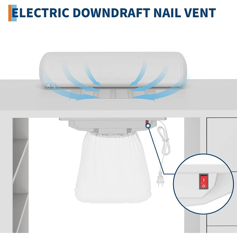 Nail Table Workstation for Beauty Salon Manicure Table Nail Desk with Vertical Locker Storage Cabinet 4-Tiers Open Shelves