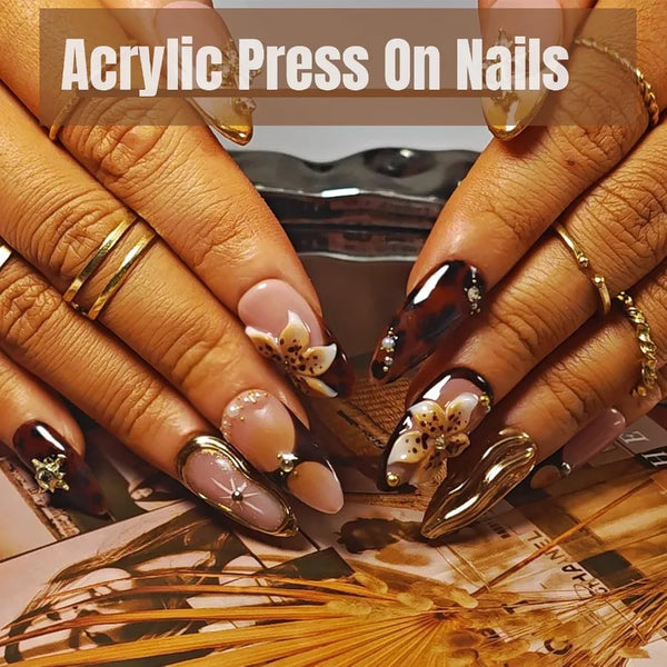 Handmade Acrylic Press On Nails Almond Shape in Medium Size with Brown and Amber Gold Chrome Accents 3D Flower Design French Ti