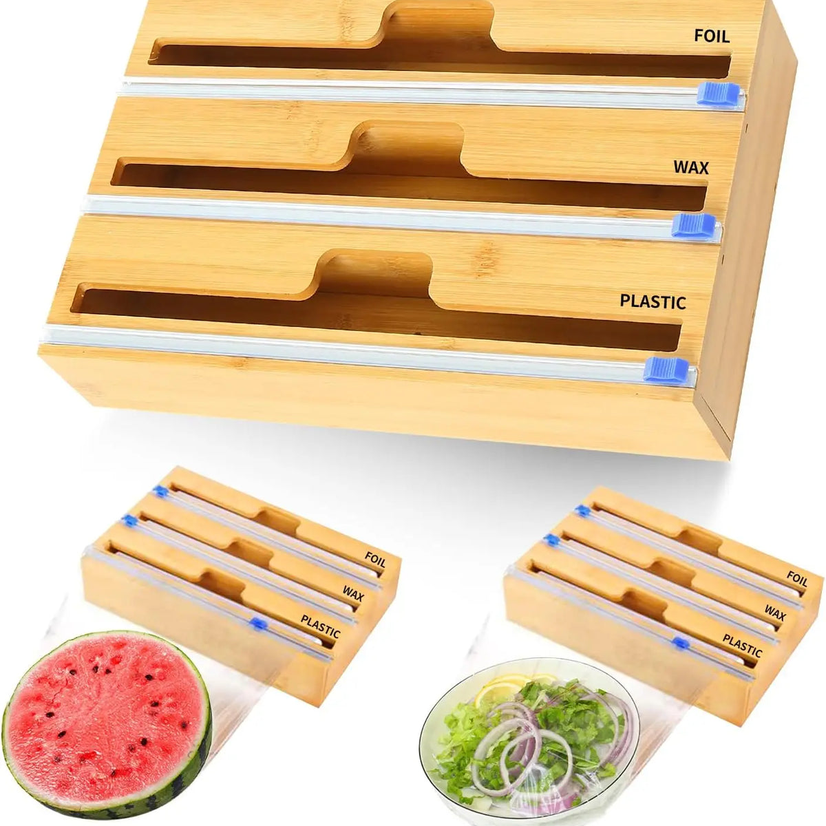Packaging dispenser, 3 in 1 bamboo tin foil storage box, baking paper, wax paper holder kitchen storage box,