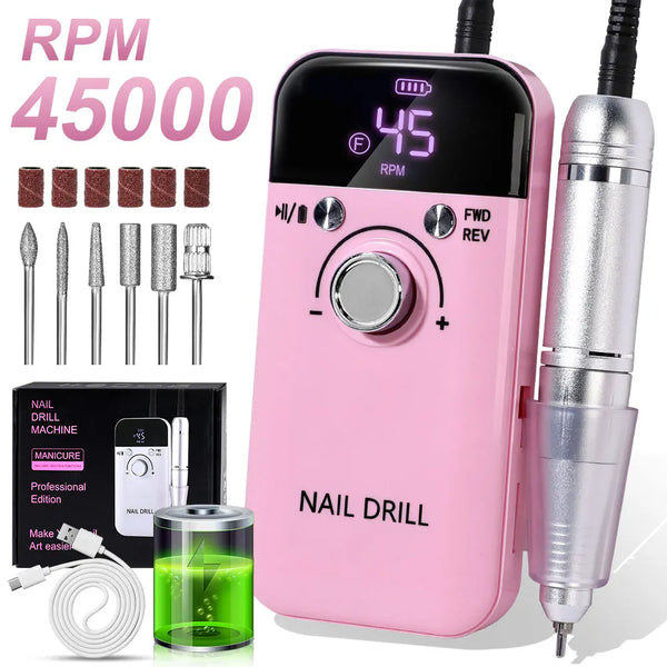 Nail Drill 45000 RPM Rechargeable Nails Electric File for Acrylic Gel Removing & Polishing Gel for Home/Salon Manicure Pedicure