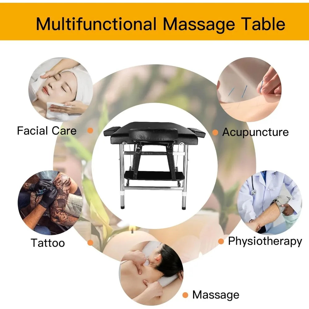 Massage Table Portable Adjustable 24" Wide Black Aluminum Folding Spa Bed, Ideal for Tattoo Chair, Lash Bed, and Esthetician