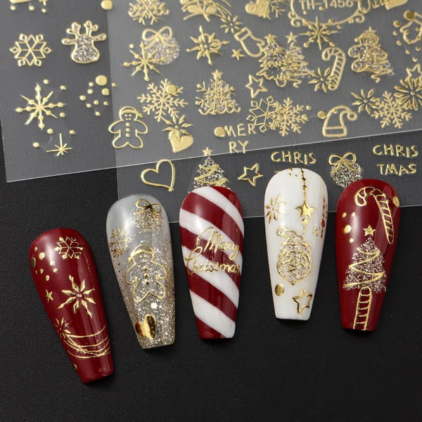 2pcs Gold 3D Christmas Nail Foil Stickers Sparkling Snowflake Christmas Tree Snow Globe Snowflake Nail Slider Xmas Nail Stickers