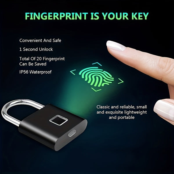 Compact Smart Fingerprint Padlock – Keyless Biometric Lock, USB Rechargeable, Waterproof, Lightweight Zinc Alloy – Secure for Luggage, Suitcases, Backpacks & Lockers