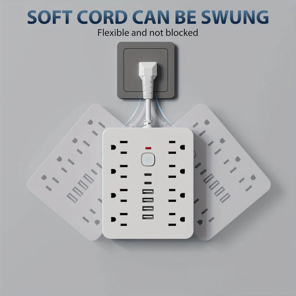 14-in-1 Power Strip Surge Protector – 8 AC Outlets, 4 USB & 2 Type-C Ports | Flat Plug, Space-Saving Extension Cord for Home, Office & Kitchen
