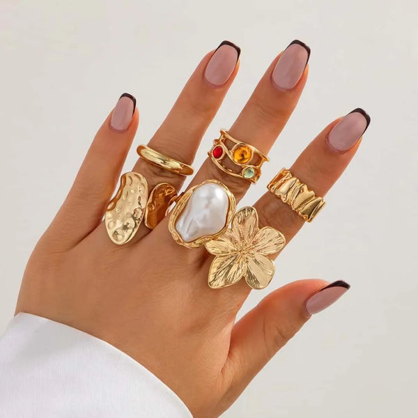 1Set Unique Exaggerated Large Petal Flower Rings for Women Vintage Geometric Adjustable Finger Ring Grunge Jewelry Steampunk