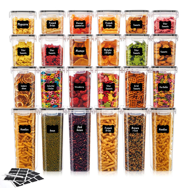 24pcs New Kitchen Sealed Storage Box Set Dry Food Storage For Sugar, Flour, Baking PP Material Comes with Convenience Stickers