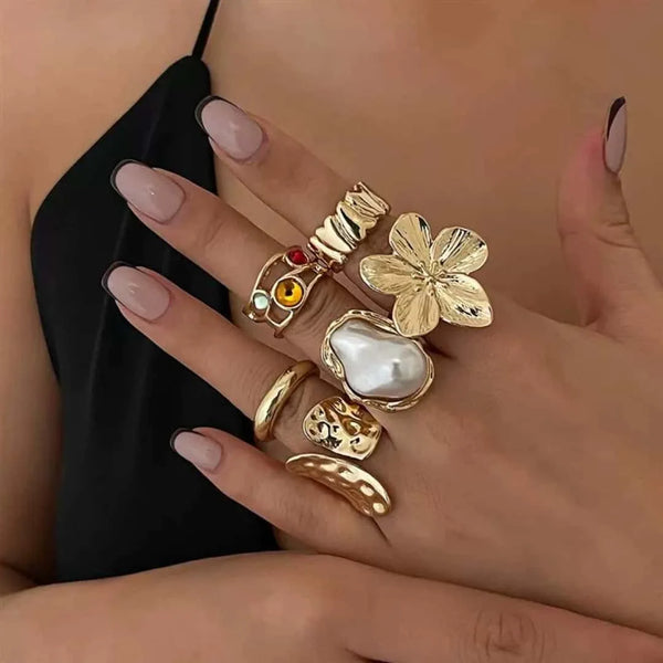 1Set Unique Exaggerated Large Petal Flower Rings for Women Vintage Geometric Adjustable Finger Ring Grunge Jewelry Steampunk