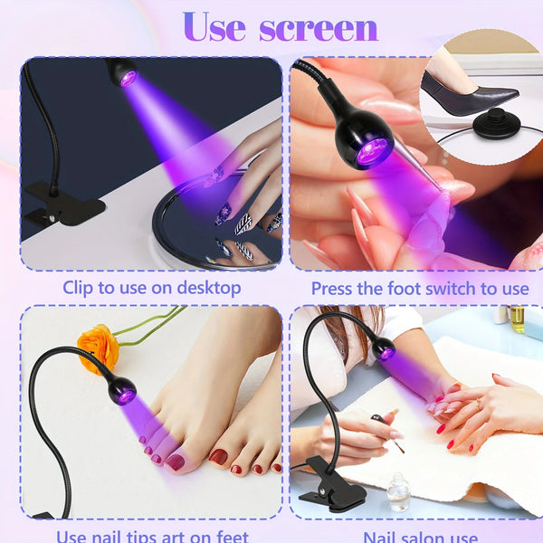 UV LED Nail Lamp with Foot Pedal – Quick Drying Flash Cure Light for Gel Nails, 360° Rotatable Gooseneck, Hands-Free Professional Nail Dryer