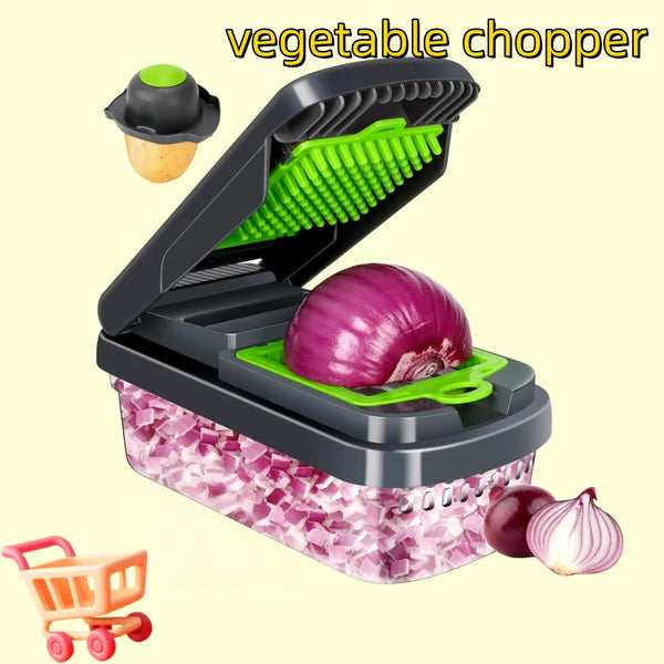 12-in-1 Vegetable Chopper Pro - Multifunctional Kitchen Gadget with 7 Blades & Container for Onion, Potato, Carrot, Garlic