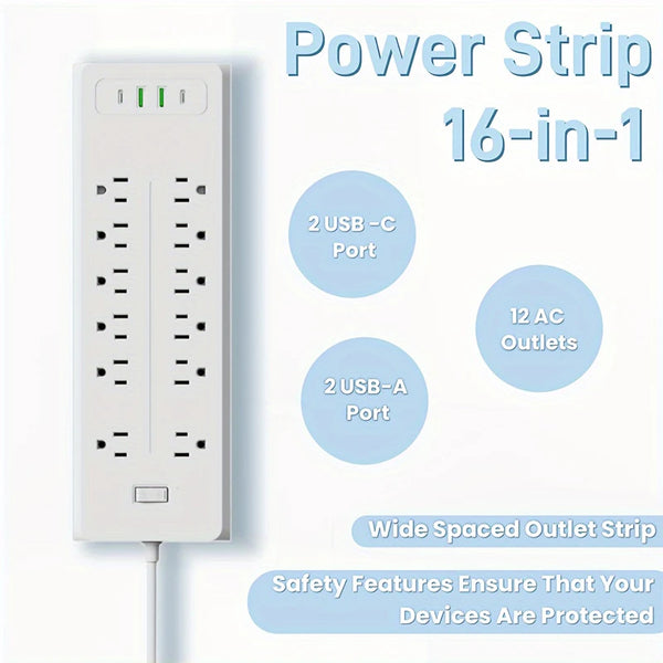 16 Ports Power Strip US Plug AC Outlets Electrical Socket Extension Cord USB Type C Charger Fast Charging Network Filter Adapter