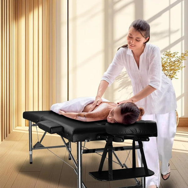 Massage Table Portable Adjustable 24" Wide Black Aluminum Folding Spa Bed, Ideal for Tattoo Chair, Lash Bed, and Esthetician