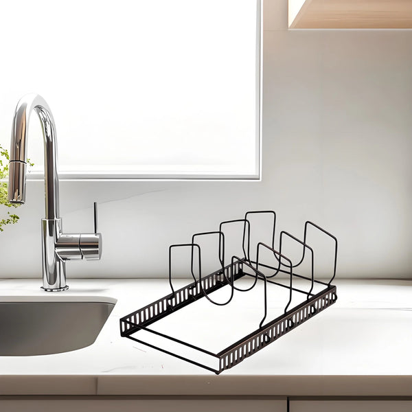 7-Slot Pot Lid Organizer Rack | Adjustable Cabinet & Countertop Storage | Natural Wood Bakeware Holder for Neat Kitchens