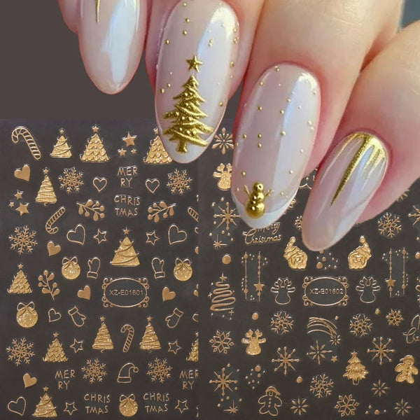 2pcs Gold 3D Christmas Nail Foil Stickers Sparkling Snowflake Christmas Tree Snow Globe Snowflake Nail Slider Xmas Nail Stickers