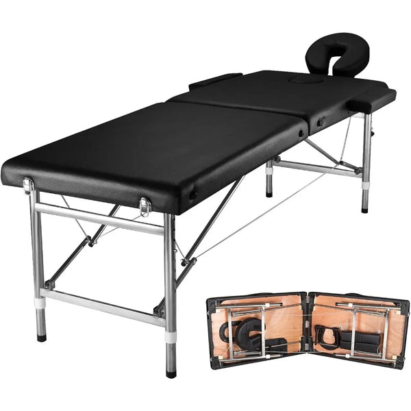 Massage Table Portable Adjustable 24" Wide Black Aluminum Folding Spa Bed, Ideal for Tattoo Chair, Lash Bed, and Esthetician