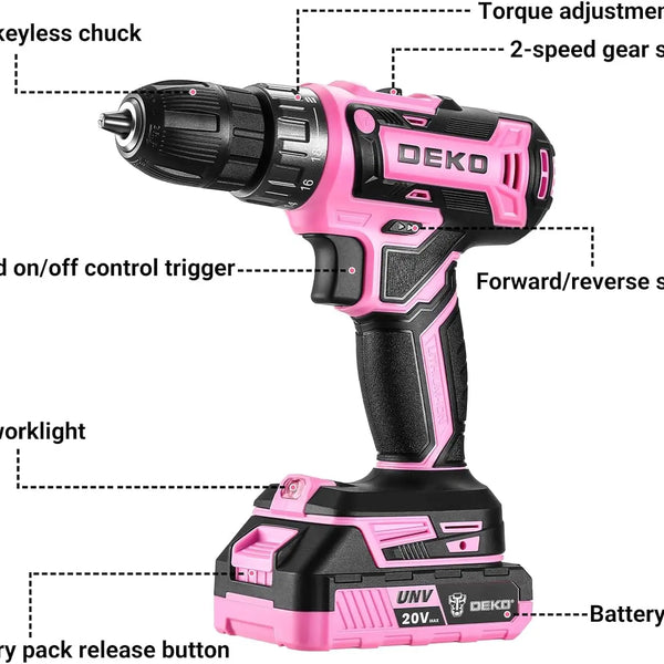 Power Drill Cordless: DEKO Pink Cordless Drill 20V Electric Power Drill Set Tool for Women