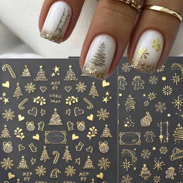 2pcs Gold 3D Christmas Nail Foil Stickers Sparkling Snowflake Christmas Tree Snow Globe Snowflake Nail Slider Xmas Nail Stickers