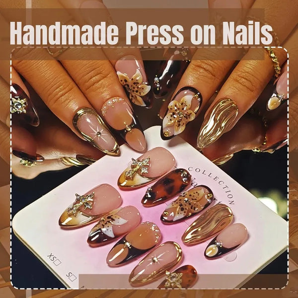Handmade Acrylic Press On Nails Almond Shape in Medium Size with Brown and Amber Gold Chrome Accents 3D Flower Design French Ti