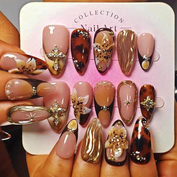 Handmade Acrylic Press On Nails Almond Shape in Medium Size with Brown and Amber Gold Chrome Accents 3D Flower Design French Ti