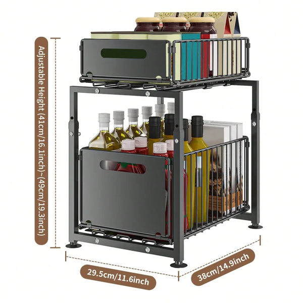 Pull-Out Under Sink Storage Rack, 2-Tier Sliding Basket Organizer for Kitchen Cabinets, Bathroom, Pantry & Household Storage