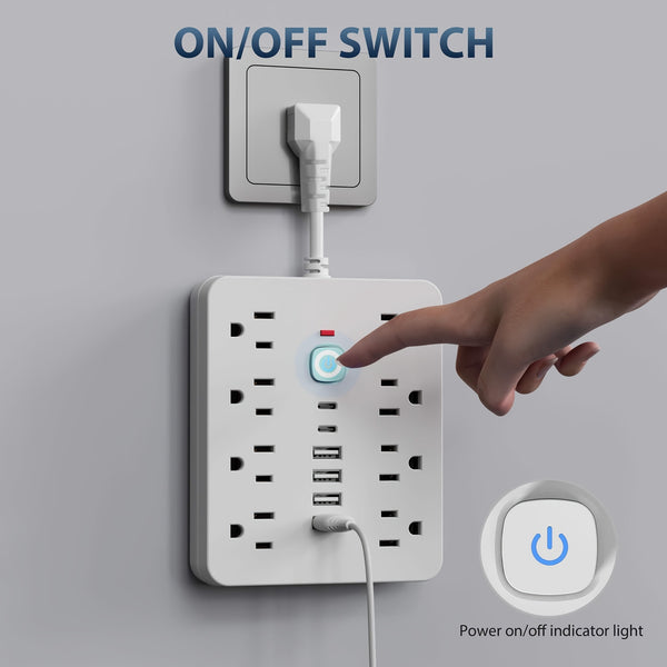 14-in-1 Power Strip Surge Protector – 8 AC Outlets, 4 USB & 2 Type-C Ports | Flat Plug, Space-Saving Extension Cord for Home, Office & Kitchen
